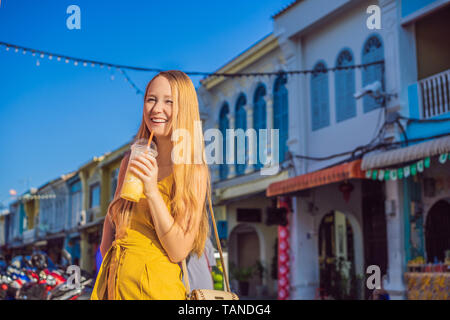 Woman tourist on the Street in the Portugese style Romani in Phuket Town. Also called Chinatown or the old town Stock Photo