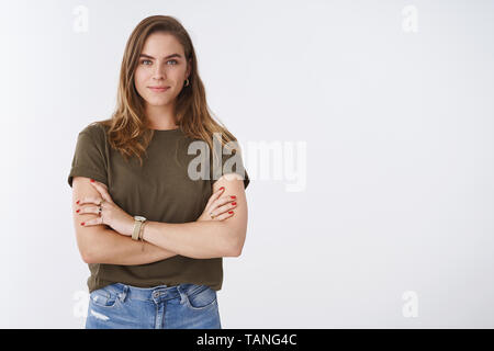 Attractive confident creative good-looking female bossy employee cross arms chest self-assured pose smiling assertive ready accomplish goals feeling Stock Photo