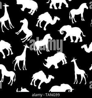 Seamless pattern with wild animal outlines on black background. Ideal for textiles, packaging, paper printing, simple backgrounds and textures. Stock Vector