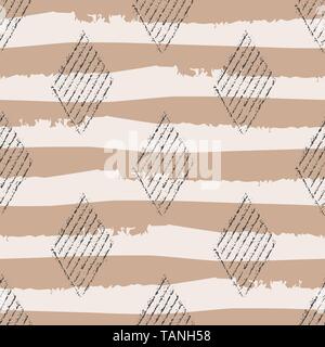 Block print style black diaomond geometric design with grunge stripes.Seamless vector pattern on eco paper colour background. Perfect for organic, eco Stock Vector
