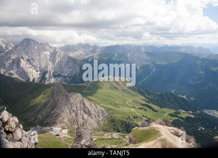 View from the the summit of Sas de Pordoi above Passo Pordoi The Sella Gruppe near to the Val Gardena Dolomites South Tyrol Italy Stock Photo