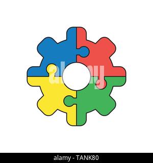 Vector icon concept of four pieces jigsaw puzzle pieces gear connected. Black outlines and colored. Stock Vector