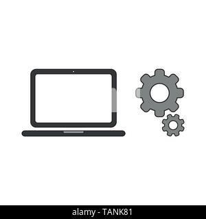Vector icon concept of laptop computer with gears. Black outlines and colored. Stock Vector
