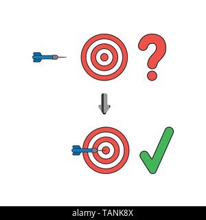 Vector icon concept of bulls eye with question mark and dart in the center with check mark. Black outlines and colored. Stock Vector