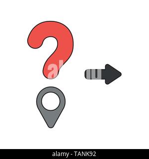 Vector icon concept of question mark with map pointer. Black outlines and colored. Stock Vector