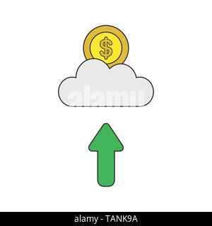 Vector icon concept of dollar coin on cloud with arrow moving up. Black outlines and colored. Stock Vector