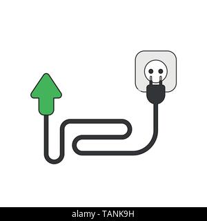 Vector icon concept of green arrow with cable, plug and outlet. Black outlines and colored. Stock Vector