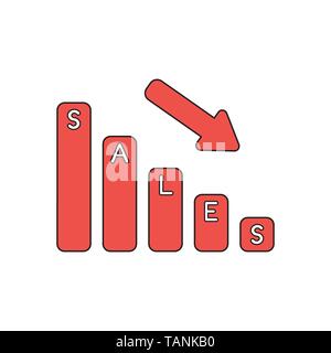 Vector icon concept of sales bar graph moving down. Black outlines and colored. Stock Vector