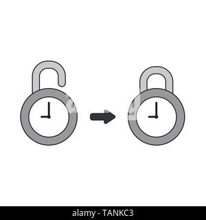Vector icon concept of opened and closed clock padlocks. Black outlines and colored. Stock Vector