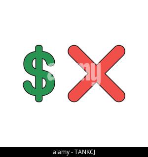 Vector icon concept of dollar symbol with x mark. Black outlines and colored. Stock Vector