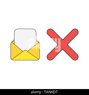 Vector icon concept of mail envelope and blank paper with x mark. Black outlines and colored. Stock Vector