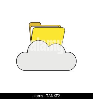 Vector icon concept of opened file folder on cloud. Black outlines and colored. Stock Vector