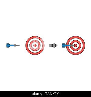 Vector icon concept of bulls eye with dart in the center. Black outlines and colored. Stock Vector