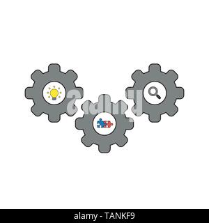 Vector icon concept of gears with light bulb, connected puzzle pieces and magnifying glass. Black outlines and colored. Stock Vector