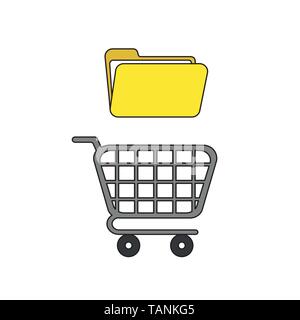 Vector icon concept of shopping cart with opened file folder. Black outlines and colored. Stock Vector