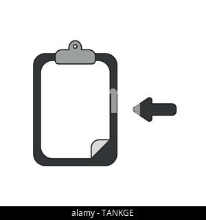Vector icon concept of clipboard with blank paper and arrow. Black outlines and colored. Stock Vector
