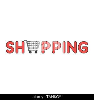 Vector icon concept of red shopping word with shopping cart. Black outlines and colored. Stock Vector