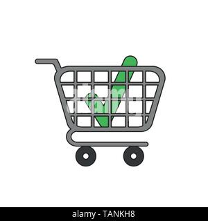 Vector icon concept of green check mark inside shopping cart. Black outlines and colored. Stock Vector