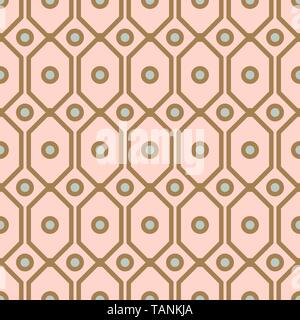 Art deco geometric pattern with net circle shapes in gold and blush colors. Stock Vector