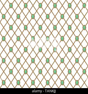 Gems geometric pattern with net green and gold netted shapes seamless repeat. Stock Vector