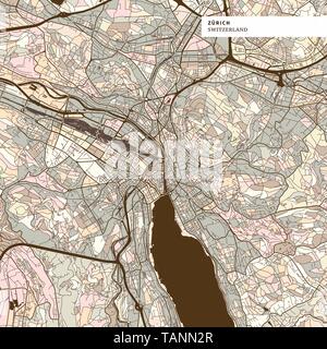 Map of Zurich art map print template, brown colored version for Apps, Print or web backgrounds Stock Vector