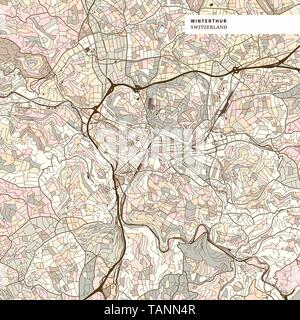 Map of Winterthur, brown colored version for Apps, Print or web backgrounds Stock Vector