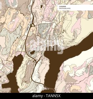 Map of Lugano, brown colored version for Apps, Print or web backgrounds Stock Vector