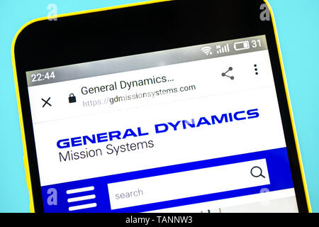 Berdyansk, Ukraine - 24 May 2019: General Dynamics aerospace website homepage. General Dynamics logo visible on the phone screen Stock Photo
