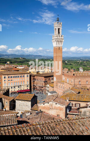 View of the Pubblico Palace tower and rooftops from the Panorama dal Facciatone of the Duomo di Siena, Siena, Siena Province, Tuscany, Italy, Europe