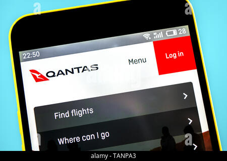 Berdyansk, Ukraine - 24 May 2019: Qantas Airways website homepage. Qantas Airways logo visible on the phone screen. Stock Photo