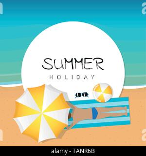 summer holiday on the beach boy is lying under an umbrella vector illustration EPS10 Stock Vector