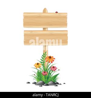 blank wooden sign board with colorful flowers and grass on white background vector illustration EPS10 Stock Vector