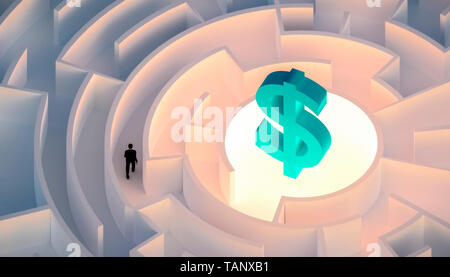 Man in suit walking in a maze or labyrinth seeking or looking for wealth or money symbolized by a dollar sign. Business, career, finance concepts. 3d  Stock Photo