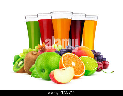 Glasses of different juice, fruits and berries isolated on white background Stock Photo