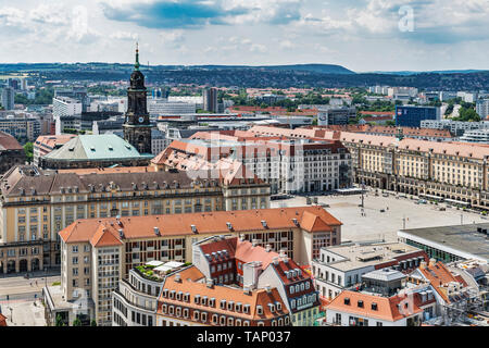 View over the Neumarkt to Altmarkt Dresden. There is the tower of the Kreuzkirche (Church of the Holy Cross), Dresden, Saxony, Germany, Europe Stock Photo