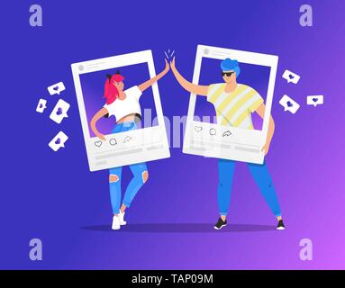 Greeting with a high five in social media between two teenage accounts. Gradient vector illustration of two young teenegers in social networks. People Stock Vector