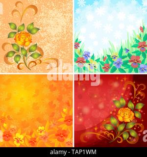 Set Abstract Holiday Floral Backgrounds with Flowers Pansies, Roses and Butterflies. Vector Eps10, Contains Transparencies Stock Vector