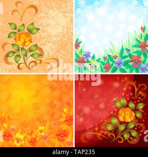 Set Abstract Holiday Floral Backgrounds with Flowers Pansies, Roses and Butterflies. Vector Eps10, Contains Transparencies Stock Vector