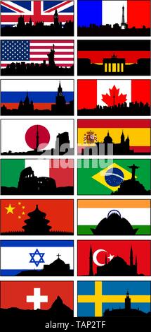 Country Flags and City Silhouettes. 16 pc vector icons x 3 option (flag, flag & silhouette, silhouette). Frame can be removed. Eazy to modify. EPS10 Stock Vector