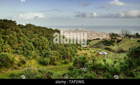 A landscape view of the Kilroot Power Station from the Knockagh Hill, Carrickfergus, County Antrim, Northern Ireland Stock Photo