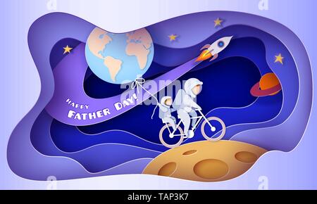 Father and son in space suits riding bike on the Moon. Happy fathes day card. Paper cut style. Vector illustration Stock Vector