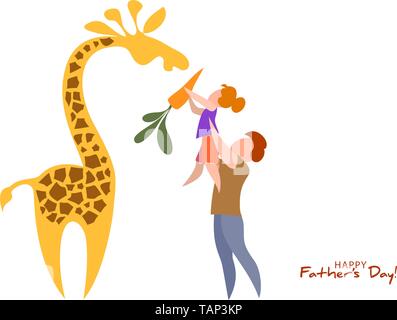 Father lifting up his daughter to feed giraffe. Happy fathers day card. Flat style. Vector illustration Stock Vector