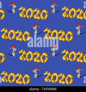 2020 in cheese shape with hungry character. Year of the rat . Seamless vector pattern Stock Vector