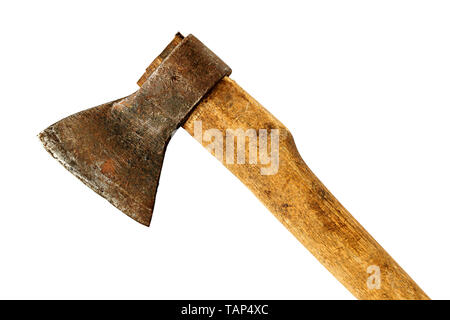 Old ax with a wooden handle close-up, isolated on a white background Stock Photo