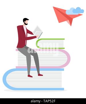 Vector illustration with man and books. Male reader, stack of giant books. Literature fans. Design for websites, print, presentation. Stock Vector