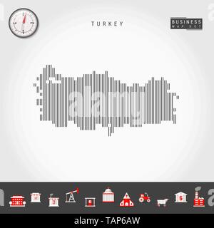 Vector Vertical Lines Pattern Map of Turkey. Striped Simple Silhouette of Turkey. Realistic Vector Compass. Business Infographic Icons. Stock Vector