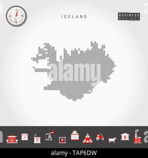 Vector Vertical Lines Pattern Map of Iceland. Striped Simple Silhouette of Iceland. Realistic Vector Compass. Business Infographic Icons. Stock Vector