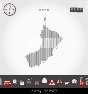 Vector Vertical Lines Pattern Map of Oman. Striped Simple Silhouette of Oman. Realistic Vector Compass. Business Infographic Icons. Stock Vector