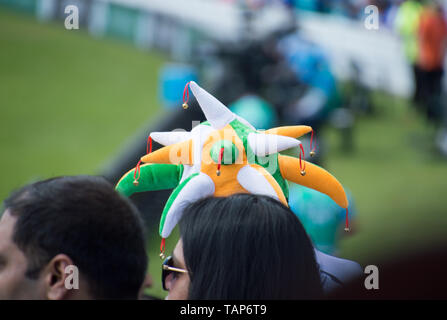 Unrecognizable Indian fan with flag colored hat . ICC 2019 India vs NewZeland warm up match at the Kia Oval, London, UK Stock Photo