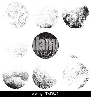 Distressed bold stamp texture set. Circular crayon charcoal background. Empty hi-quality element. Grunge circle overlay mockup. Original logo blank Hi Stock Vector